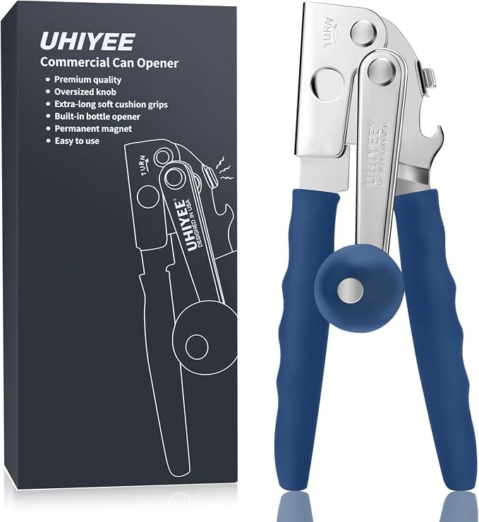UHIYEE Commercial Can Opener Heavy Duty, Hand Crank for Large Cans, Blue | Manual Can Opener, High-Carbon Blade, Extra-Long Handle, Oversize Knob, Built-in Magnet & Bottle Opener, For #10 Cans