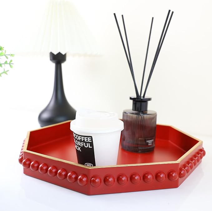 Red Serving Tray for Coffee Table, Octagonal Beaded Plastic Decorative Tray for Ottoman, Kitchen Counter, Living Room, Outdoor Lacquer Tray for Entertaining
