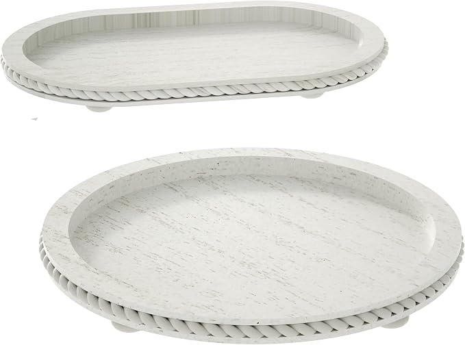 White Oval and Round Decorative Tray Set of 2 for Coffee Table | Farmhouse Vintage Decorative Tray Stand for Coffee Table, White Serving Tray for Living Room Kitchen Home Decor -1 Set
