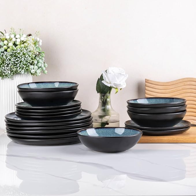 AmorArc Ceramic Dinnerware Sets for 6, 18Pcs Plates and Bowls Sets Dishes | Stoneware Handmade Reactive Glaze Dinner Set, Highly Scratch Resistant | Dishwasher & Microwave Safe Dishware