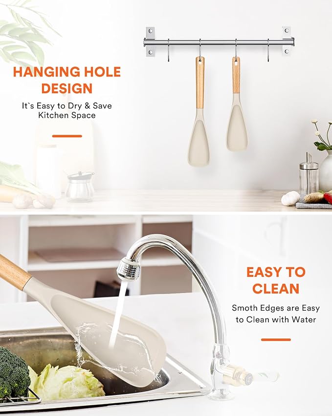Multifunction Cooking Spoon for Nonstick Cookware,11.4"&13.4",Khaki | Great for Cooking and Serving, Sturdy BPA-Free Matte Silicone, Wood Handle spoonula for Mixing, Scoop, and Scrape