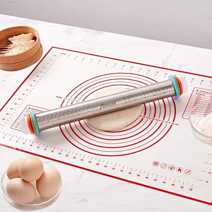 Rolling Pin and Silicone Pastry Mat Set with Adjustable Thickness Rings | Roll Dough to Perfect Size & Thickness, Stainless Steel Dough Roller for Baking Fondant, Pizza, Pie, Pastries, Pasta, Cookies