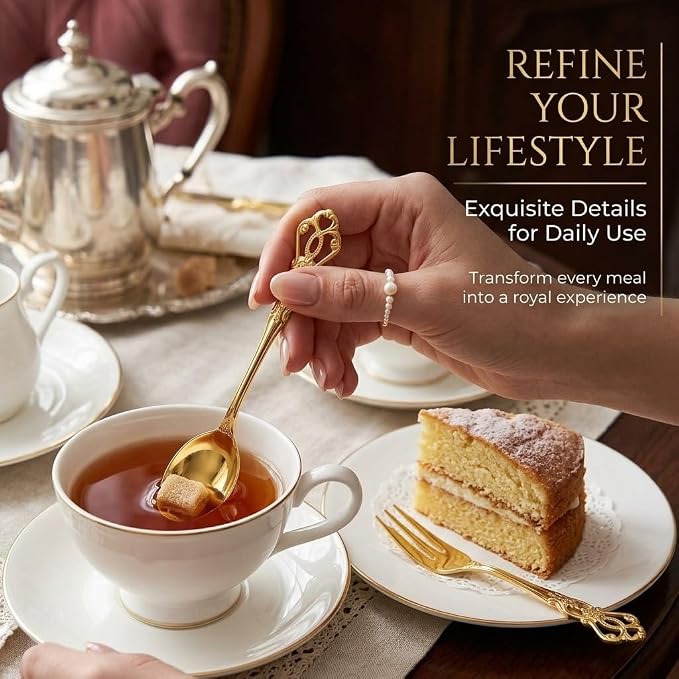 Silverware Set, 30 Pieces Retro Royal Silverware Set for 6, Anti-rust Stainless Steel Flatware Set Including Fork Spoon and Knife, Dishwasher Safe, Gold