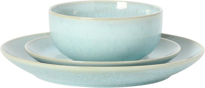 Gibson Elite Pine Coast Plates and Bowls Sets, 12-Piece Stoneware Dinnerware Sets, Reactive Glaze Dish Set - Blue
