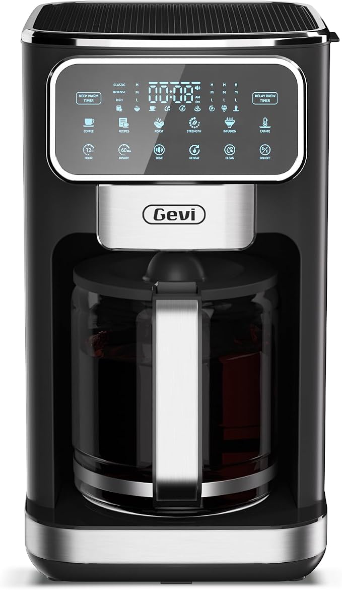 Gevi Touchscreen 12-Cup Coffee Maker, Bold & Iced Brew, Glass Carafe | 12-Cup Drip Brewer, Programmable Timer, 4H Warm Plate, Auto Shutoff, Reusable Filter