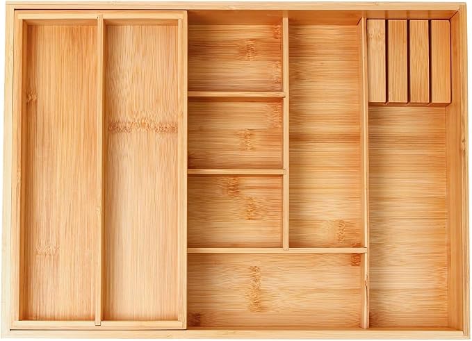 COIWAI Double Layer Bamboo Drawer Organizer Cutlery Utensil Silverware Drawer Organizer, cutlery Silverware Tray for Drawer, Utensil Holder Drawer Dividers for Flatware (L: 16.85 × 12.2 in)