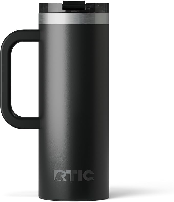 RTIC 20oz Road Trip Travel Mug with Lid and Handle, Ceramic Lined, Black | Stainless Steel Metal, Insulated Travel Cup for Hot and Cold Drinks, Coffee, Car, Camping and Travel