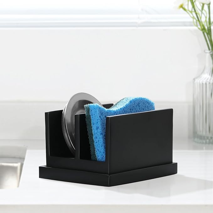 Luxspire Kitchen Sponge Holder wtih Drain Tray, 2 Compartment, Matte Black | Diatomite Stone Material, Quick-Drying & Water Absorbing stone dish sponge, For Kitchen Sink Counter, Easy to Maintain