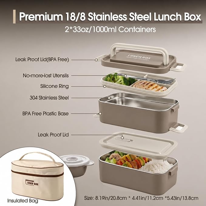 Kabbas 18/8 Stainless Steel Bento Box for Kids & Women – 66 Oz Leakproof Lunch Containers for Adults, 2Layers Stackable Metal Lunch Box with Cutlery & Insulated Bag – Ideal for Work, School, Picnic