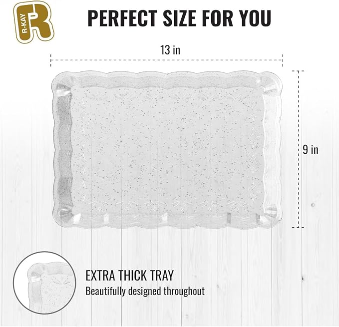 6 Pack Silver Glitter Plastic Serving Trays for Party, 9 x 13 Inch - Heavy Duty Plastic Silver Trays for Food - Rectangular Party Serving Platters