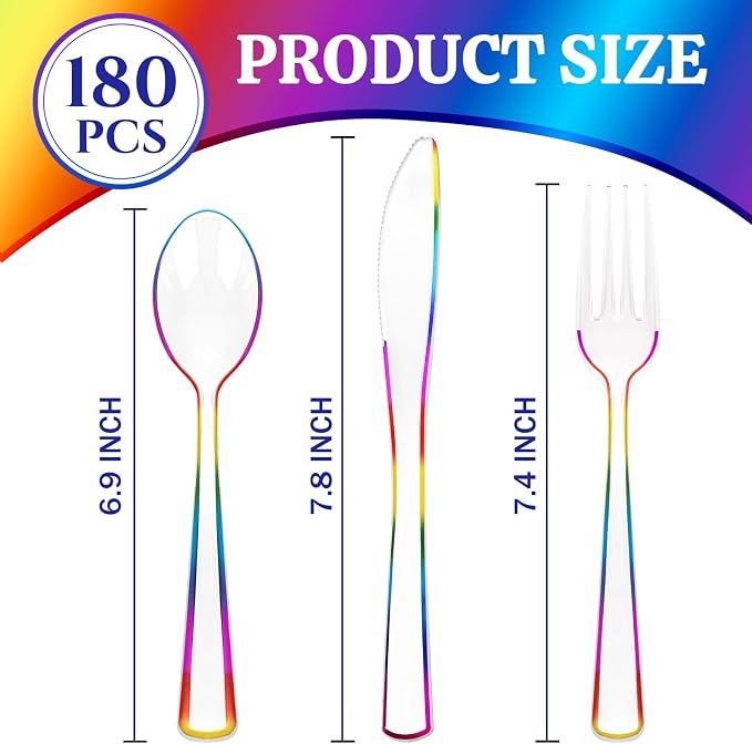 180 PCS Rainbow Plastic Silverware - Clear Colorful Cutlery Disposable Heavy Duty Include 60 Forks, 60 Knives and 60 Spoons - Colorful Disposable Utensils for Trolls Party/Birthday Party