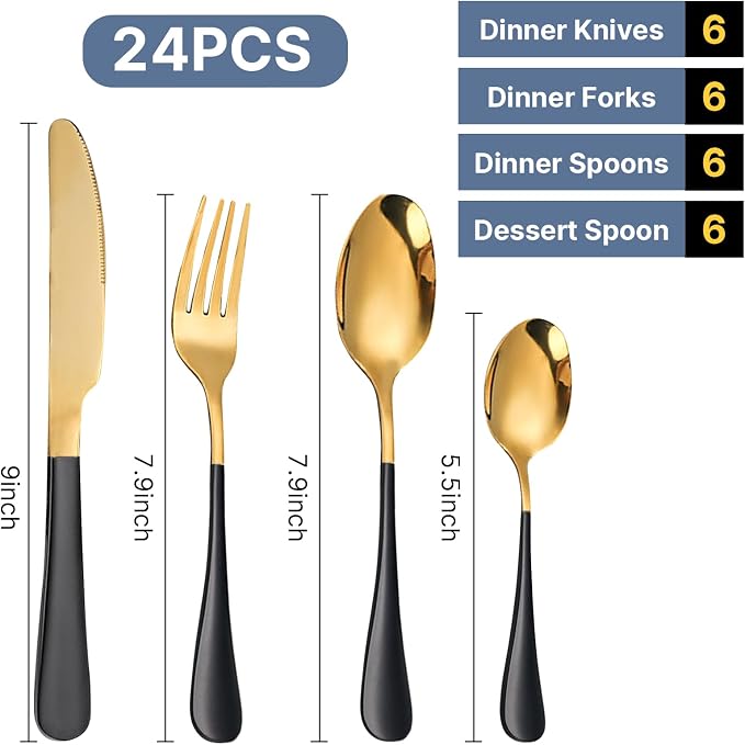 24 Pieces Flatware Set, Caliamary Stainless Steel Flatware Set with Silverware Holder Spoons Forks Knives,Utensils Set Service for 6,Gold Mirror Polished and Matte Pink Painted (Black)…