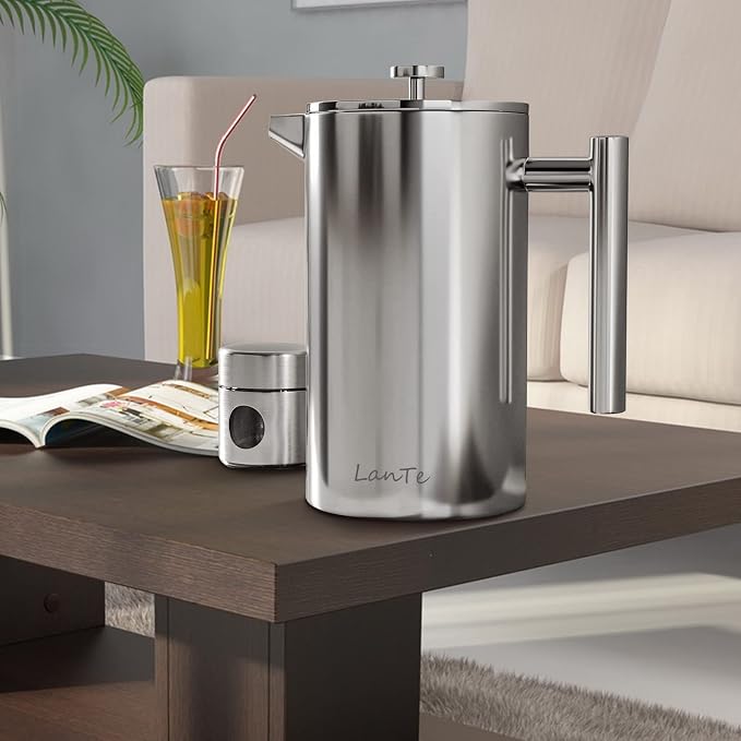 LANTE French Press Coffee Maker, Double Insulated 304 Stainless Steel Coffee Tea Maker 4 Level Filtration System, No Coffee Grounds, Rust-Free, Dishwasher Safe, 1000ml