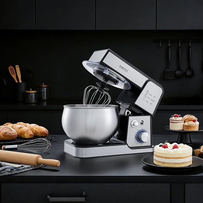 Stainless Steel 6-Speed 5.3QT Stand Mixer | 400W motor, 5.3QT bowl, tilt-head design. Dough hook, beater & whisk. For bread, cakes & dough