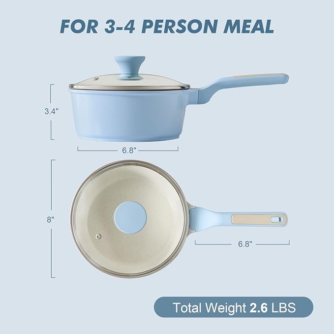 SENSARTE 2.5 QT Ceramic Nonstick Saucepan with Lid, PTFE/PFAS Free, Blue | Medium Cooking Pot with Stay Cool Handle, Induction Compatible Saucepot, Ceramic Coating