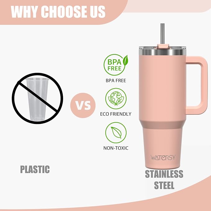 40 oz Tumbler with Handle,Tumbler with Lid and Straw,Double Wall Insulated Cup Stainless Steel Travel Mug(Cold for 34 Hours),Water Bottle for Iced Tea,Coffee,Cold Beverages(Pink)