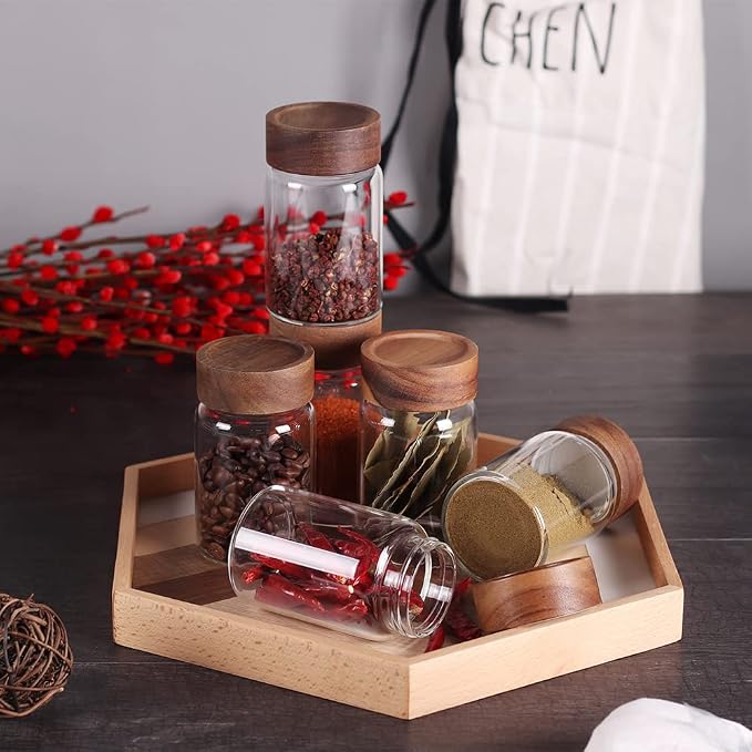 SAIOOL 6 Pcs Small Glass Spice Jars with Label,High Sealing Threaded Mouth,with Black Printed Spice Labels - 8.79oz /260ml*6,Empty Cylinder Spices Bottles,Storage Jars with Airtight Screw Lids | With Label, 8.79oz/260ml