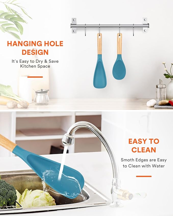 Cooking Spoon and Rice Scooper for Nonstick Cookware,Multi-function | Great for Cooking and Serving, Sturdy BPA-Free Matte Silicone, Wood Handle Spoon for Mixing, Scoop, and Scrape,9.3"+14.3"