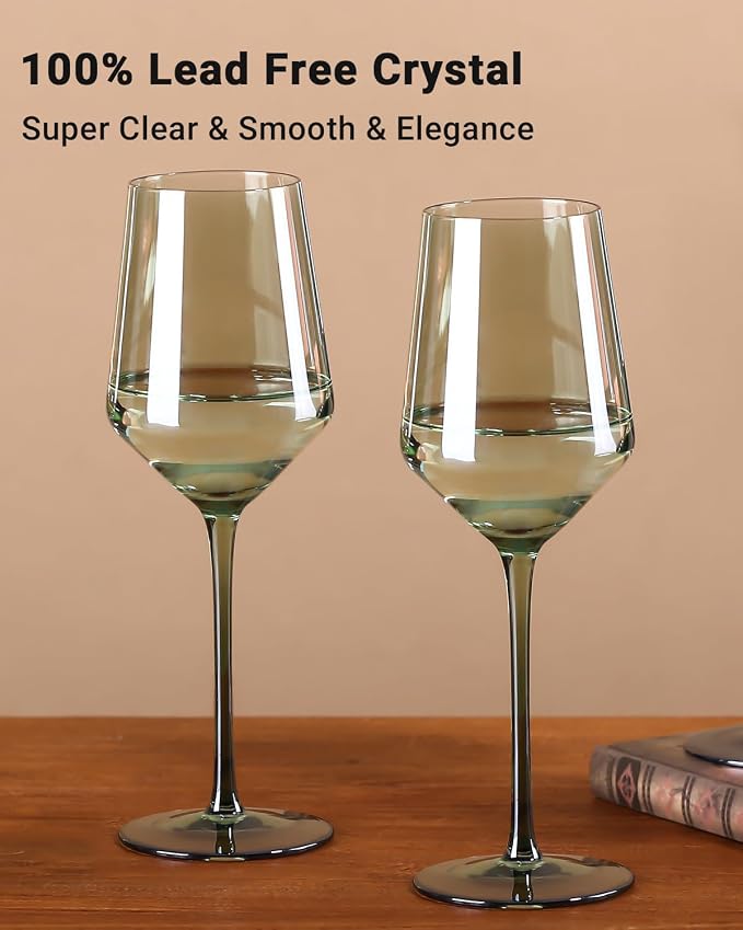 comfit Green Wine Glasses Set of 6-15 oz Hand-blown Crystal Long Stem Wine Glasses - Green Glassware, Mother's Day, Wedding, Birthday Gifts
