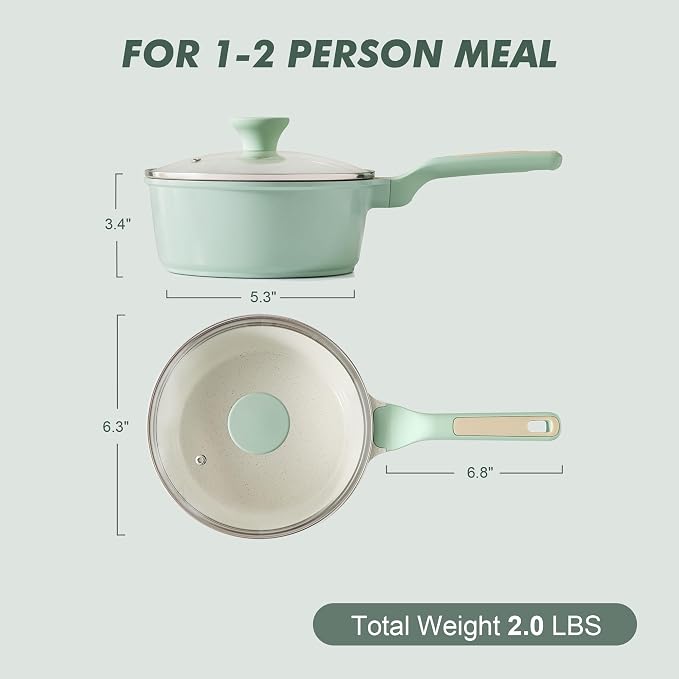 SENSARTE Ceramic Nonstick Saucepan with Lid 1.5 QT, PTFE/PFAS Free, Green | Small Kitchen Cooking Pot with Stay Cool Handle, Induction Compatible, Ceramic Coating