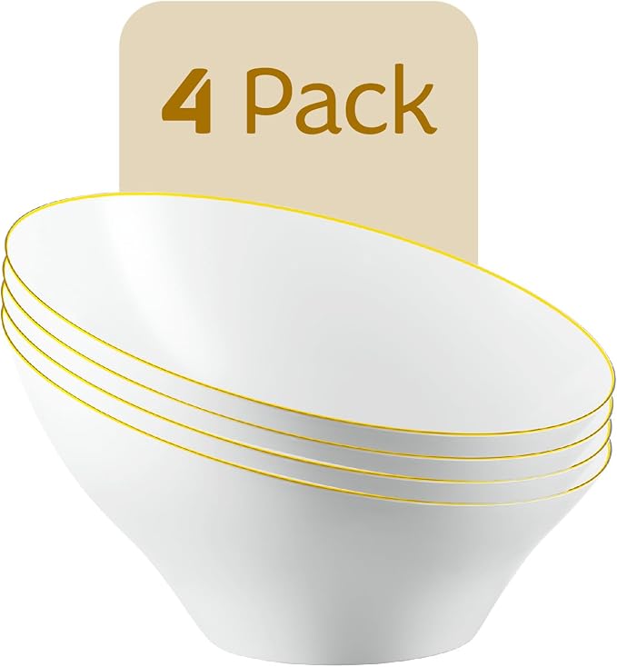 PLASTICPRO Angled Plastic Bowls Disposable Medium Plastic White Serving Bowls with Gold Rim for Party for Appetizer Salads Pack of 4