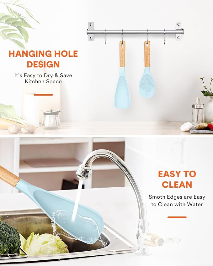 Cooking Spoon and Rice Scooper for Nonstick Cookware,Multi-function | Great for Cooking and Serving, Sturdy BPA-Free Matte Silicone, Wood Handle Spoon for Mixing, Scoop, and Scrape,9.3"+14.3"