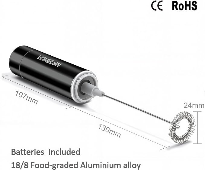 Milk Frother Handheld, Battery Operated Coffee Foamer Drink Mixer with 2 Stainless Steel Electric Whisks for Coffee, Latte, Cappuccino, Hot Chocolate, Protein,Egg Batteries Included,Black