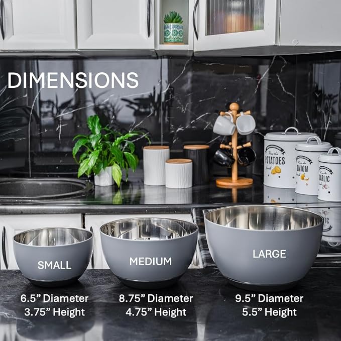 Stainless Steel Mixing Bowls Set, 3-Piece with Silicone Base | 1.5, 3 & 5 Qt Metal Bowls for Meal Prep, Baking, Cooking, Serving & Food Storage, Non-Slip Base, Dishwasher Safe, Grey
