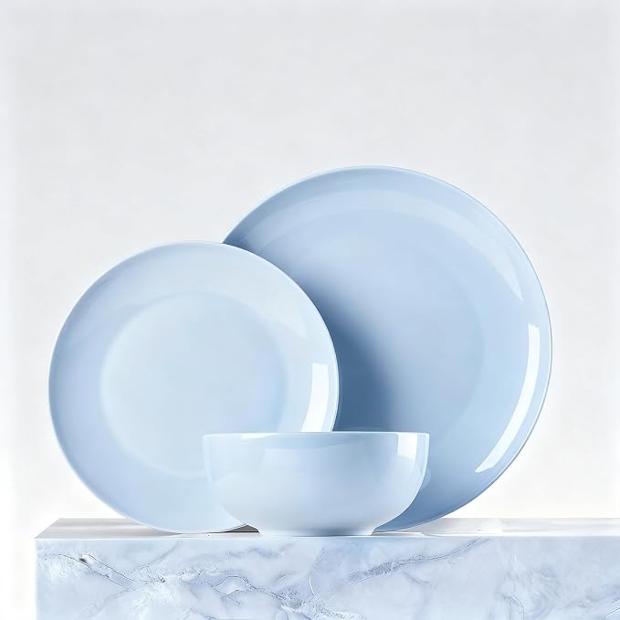 24-Piece Bone China Dinnerware Set for 8, Misty Blue | Lightweight Porcelain | Round Plates & Bowls | Scratch Resistant | Durable Ceramic | Microwave & Dishwasher Safe
