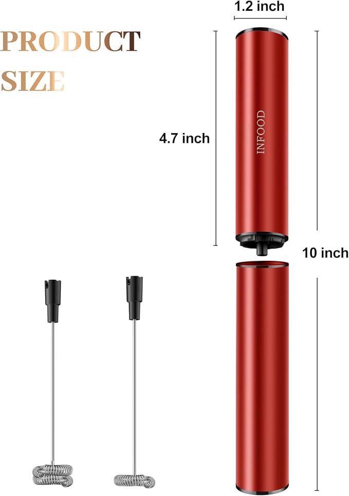 INFOOD Rechargeable Milk Frother with Cover, 2-Speed, 2 Whisks, Red | Stainless Steel Body and Whisks, 2 Detachable Heads, for Lattes, Cappuccinos, Hot Chocolate, and Egg