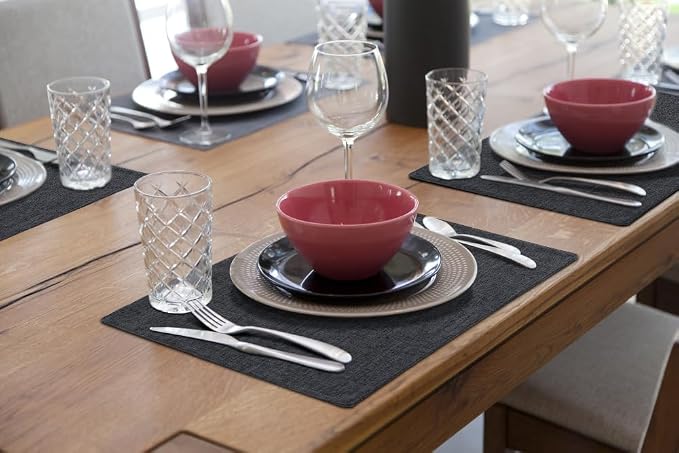 Faux Cotton Linen Placemats Set of 6, Cloth Washable Farmhouse Dining Table Mats for Indoors & Outdoors, Easy to Clean, Charcoal, 13 x 19 Inch