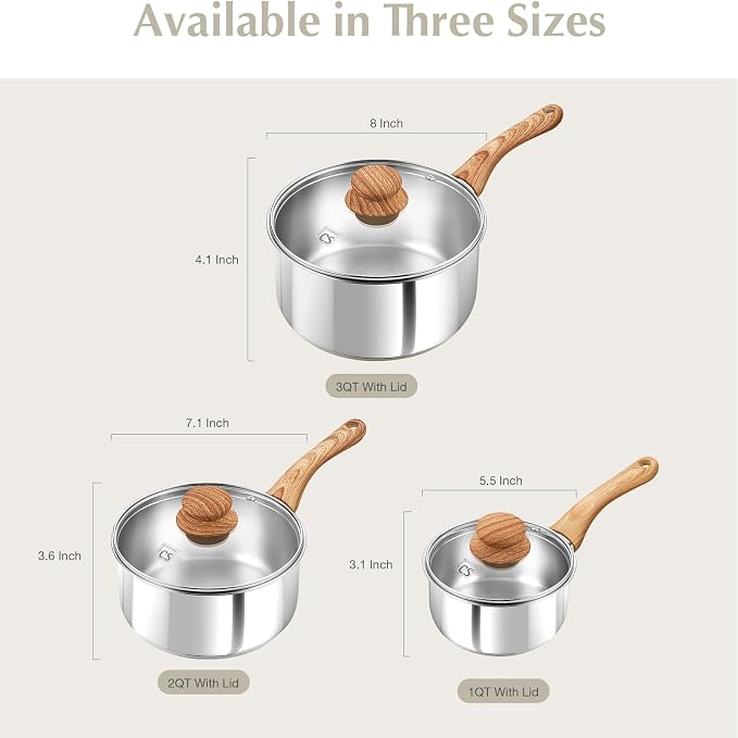 KOCH SYSTEME CS Stainless Steel Saucepan, 1 Quart Stainless Steel Pot with 5-Layer Stainless Base, Sauce Pan with Lid & Stay-Cool Handle, Small Pot 1 Quart, Induction Compatible