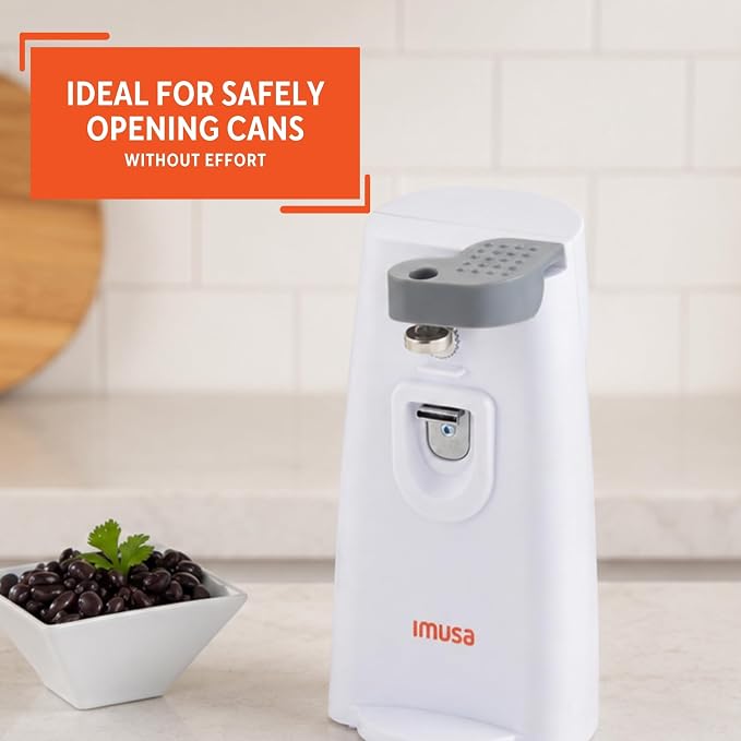 IMUSA White Electric Can Opener with Knife Sharpener & Bottle Opener