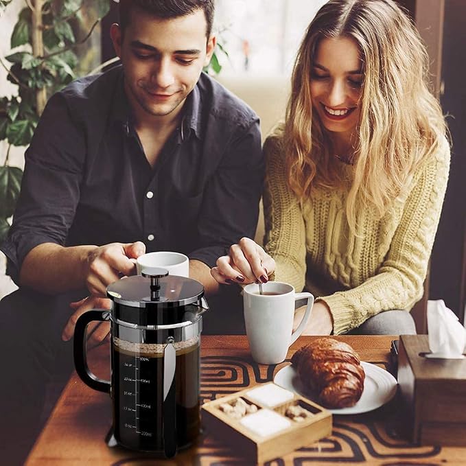 QUQIYSO French Press 34oz, Stainless Steel and Thickened Glass Coffee Maker | 4 Filter Heat-Resistant Borosilicate Glass Coffee Press, Easy to Clean, Suitable for Kitchen Party Camping Gifts(Silver)