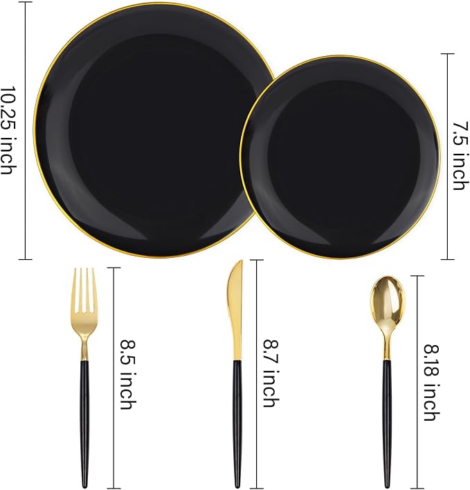 DaYammi 150Pcs Black Plastic Plates with Gold Silverware,Black Disposable Plates Set Included 30 Dinner Plate,30 Dessert plate,30 Knives,30 Forks,30 Spoons,black and gold plates for Party Wedding