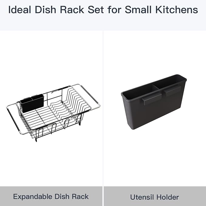 Dish Drying Rack Over The Sink with Utensil Holder | Expandable Stainless Steel Dish Drainer for Small Kitchen, Apartment, RV, Counter Space Saving, Perfect Fit, Rustproof