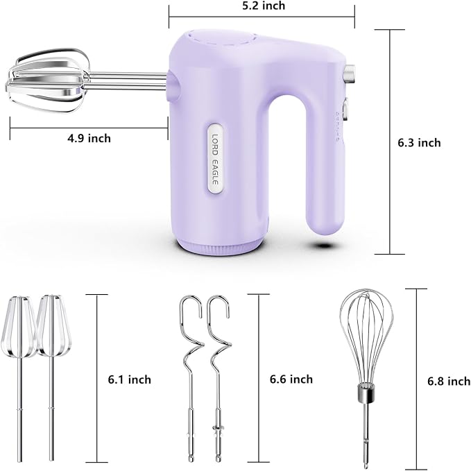 Lord Eagle 5-Speed Hand Mixer Electric With 4 Mixing Bowls Set | 300W Lightweight Kitchen Handheld Mixer with Measuring Cups & Spoons, Stainless Steel Bowls, Baking Supplies for Cake, Purple