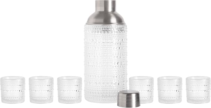 Glaver's Cocktail Shaker Set, Glass 15.2 oz Shaker, 6 Hobnail Shot Glasses, Stainless Steel Strainer Cap,Glass Shaker Set for Bars. Dishwasher Safe