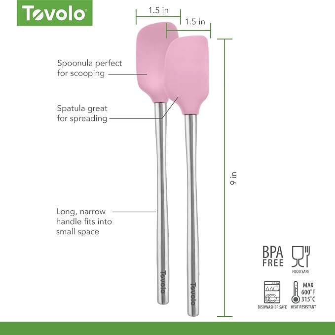 Tovolo Flex Core Silicone Spatula Spoonula Set of 2 for Non Stick Cast Iron Cooking & Baking, Dishwasher Safe Heat Resistant BPA Free Long Stainless Steel Handle Kitchen Utensil, Pink Sorbet
