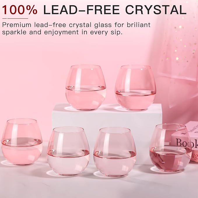 Pink Wine Glasses Set of 6-15oz -Colored Stemless Hand-Blown Wine Glasses, European Design Crystal Glass For Red & White Wine, Unique Gifts for Wedding, Birthday