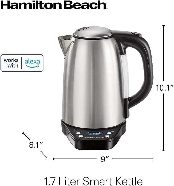 Hamilton Beach Smart Electric Tea Kettle & Water Boiler, Works with Alexa, 1.7 Liter, Fast Boiling 1500 Watts, Cordless, Keep Warm, Auto-Shutoff & Boil-Dry Protection, Stainless Steel (41036)