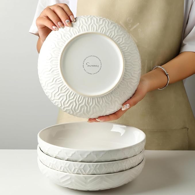 Sureasy 9.7" Pasta Bowls Set of 4-42 oz Large Salad Bowls for Kitchen, Embossed Ceramic Serving Bowls for Fruits, Soup, Pasta and Salad, Microwave & Dishwasher Safe, White