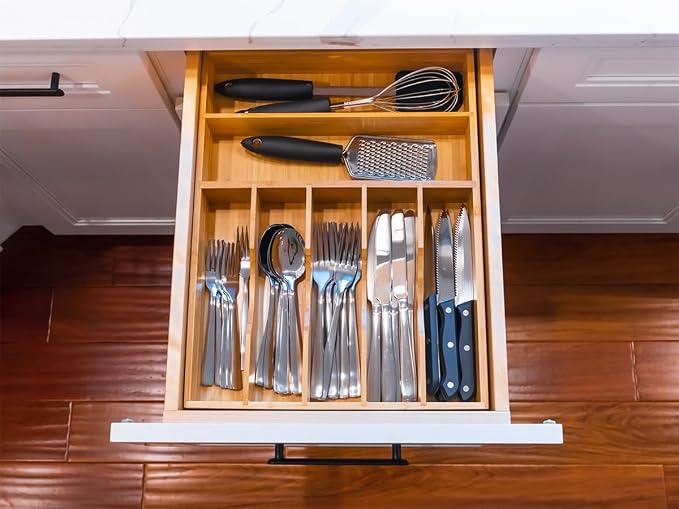 Kitchen Drawer Organizer, 12.5 Inch Silverware Utensil Tray Holder, Extra Deep, with Non-Slip Feet & Grooved Drawer Divider, 7 Slots Total Bamboo Wood Caddy for Flatware Cutlery Knives