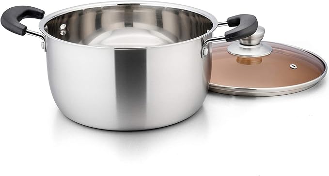 P&P CHEF 6 Qt Stockpot with Lid, Stainless Steel Stock Pot, 1-Ply Metal | Cooking Pot for Soup Pasta, Heat-Proof Double Handles with Visible Lid, Dishwasher Safe & Healthy Use