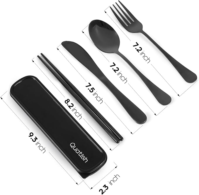 Travel Utensils with Case, Quatish 5 Piece Stainless Steel Silverware Set for Work, Portable Reusable Travel Cutlery Set, Fork and Spoon Set for Picnic, Camping, Gadgets, Lunch Box for Men, Black
