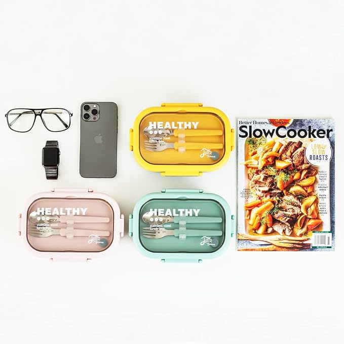 Lille Home 28oz Stainless Steel Leakproof 2-Compartment Bento Lunch Box | Portion Control Metal Lunch Box Food Container with Lunch Bag and Cutlery Set, BPA Free (Pink)