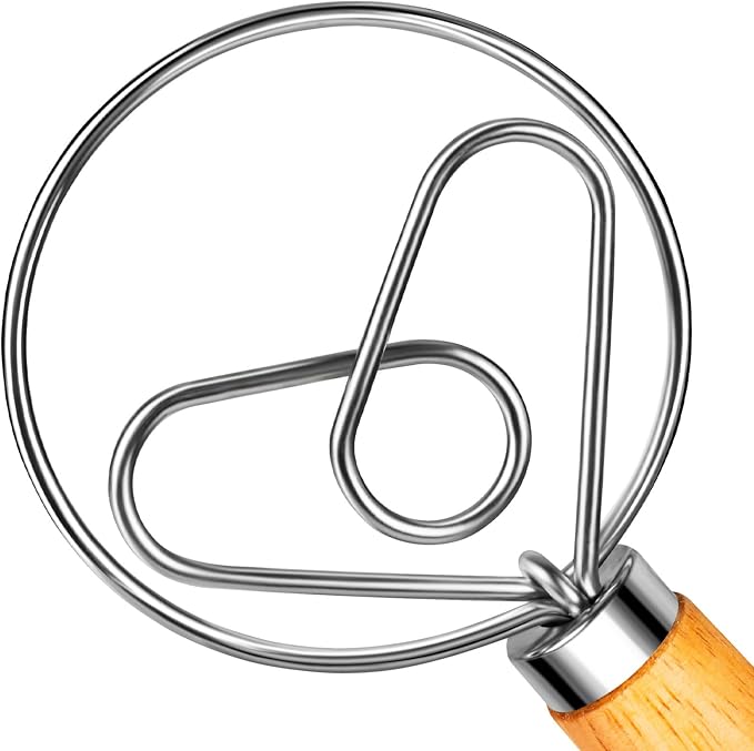 TEEVEA Danish Dough Whisk Wooden Handle Stainless Steel for Sourdough Bread | Dutch Dough Hook, Replaces Hand Mixer and Spoon, Bread Baking Tool, Food Grade Rust Resistant Steel, Non-Stick, Easy to Clean