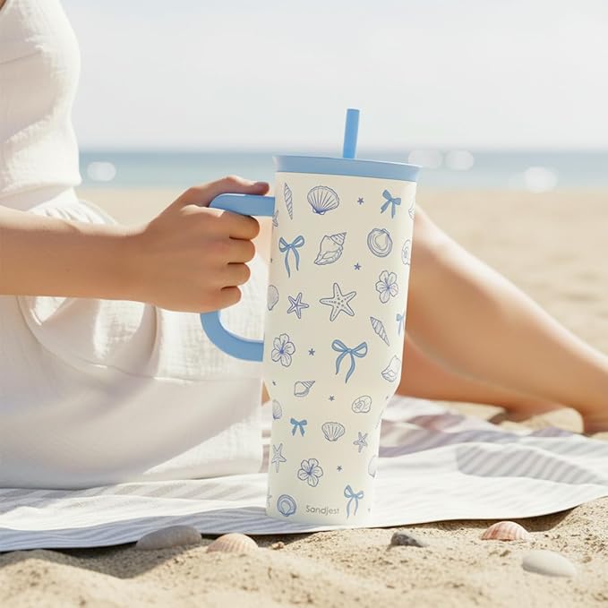 SANDJEST Coastal 40oz Tumbler with Handle and Straw, Insulated Stainless Steel Travel Coffee Mug for Women Girls, Gift Idea for Birthday Christmas Mothers Day