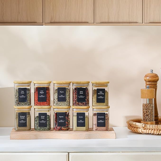 Kitchen Glass Spice Jars 10 Pcs 7 Oz with 275 Labels | Seasoning Empty Containers with Bamboo Lids