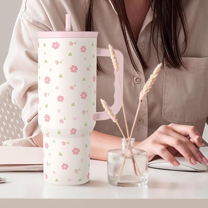 Floral 40oz Tumbler with Handle and Straw – Flowers Insulated Stainless Steel Travel Coffee Mug for Women Girls - Gift Idea for Birthday Christmas Mothers Day